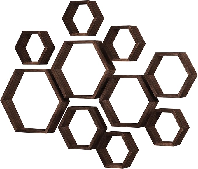 WONFUlity Hexagon Floating Shelves Honeycomb Shelves Wall Mounted Wood Farmhouse Storage Wall Shelf for Bathroom, Kitchen, Bedroom, Living Room,Driftwood Finish Decor,Dark Brwon