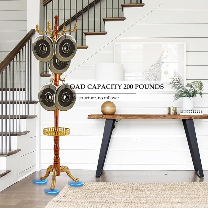Wood Coat Rack Freestanding, Natural Coats Tree Stand with 14 Hooks, 73" Sturdy and Easy Assembly Coat Rack Stand for Entryway, Hallway, Bedroom, Bags, Hats (With storage tray-Golden)