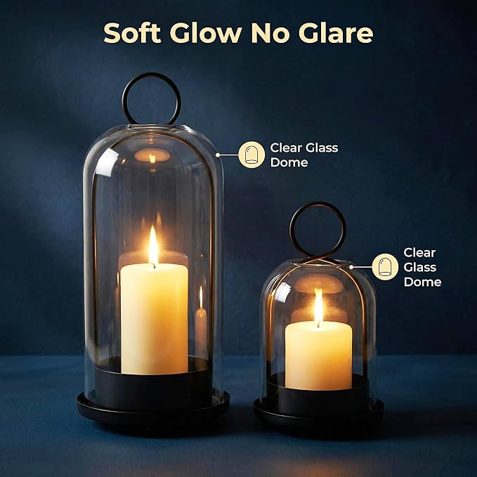 Candle Holders Set of 2,Versatile Farmhouse Black Metal Hurricane Pillar Candle Pedestal Holders with Handmade Sturdy Glass Dome,Candlesticks Holders for Pillar Candle & Plants, Seasons décor(Black)