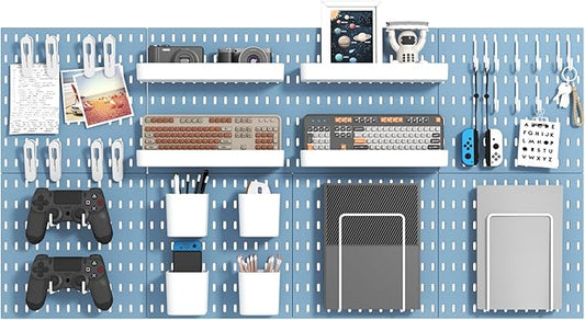 MULSAME Pegboard Combination Kit, Wall Mounted Storage Set with 8 Pegboards & 32 Accessories Hanging, Blue Peg Boards Organizer for Walls Display, Crafts Organization, Kitchen Organizer, 22" x 44"