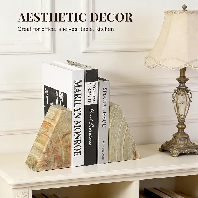 Koville Onyx Bookends, Marble Bookends for Shelves, Natural Stone Book Ends for Heavy Books, Decorative Bookends for Bookshelf Table Home Decor, Heavy Duty bookend for Large Books(Green)