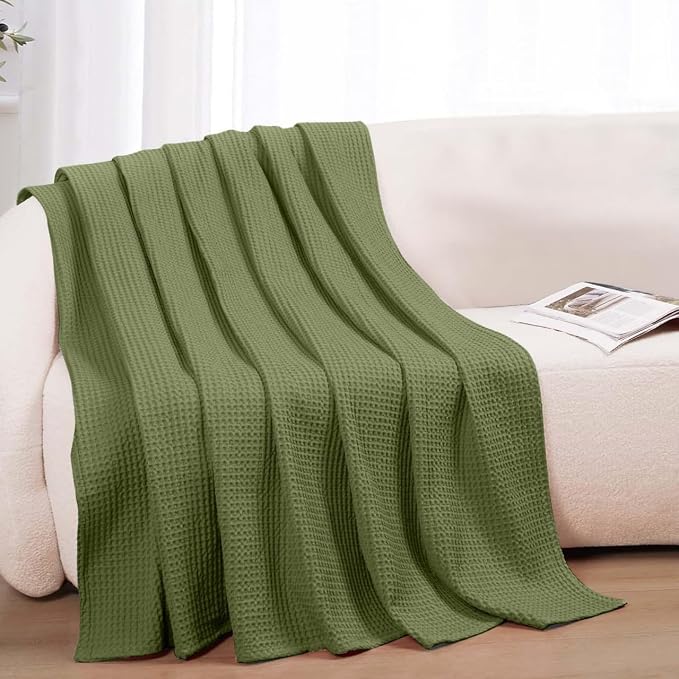 100% Cotton Blankets for Bed - Waffle Weave Blankets for Summer, Lightweight and Breathable Soft Woven Blanket for Spring (Olive Green, King (90" x 108"))