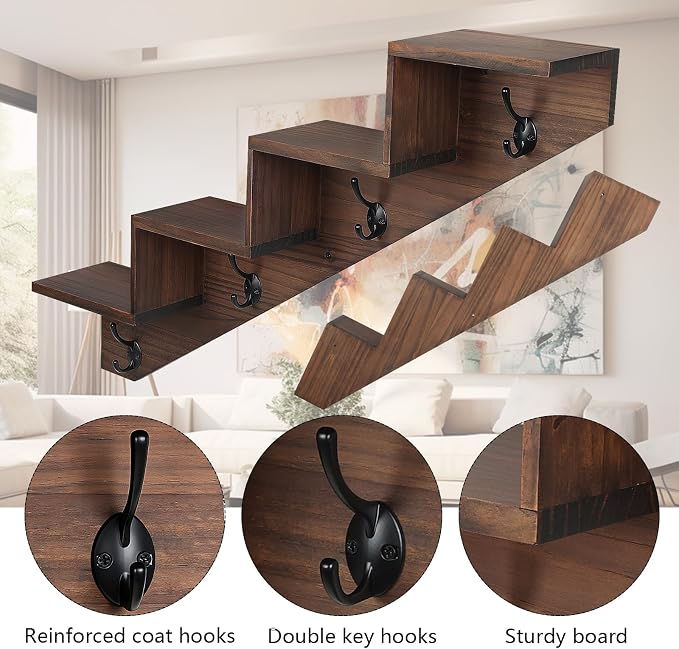 Hookmous Coat Rack Wall Mount with Shelf, Brown Wall Shelf with Hooks, Sturdy Wooden Rise Staircase Shelves, Space-Saving Decorative Organizer for Entryway, Mudroom, Hallway, Living Room, Bedroom