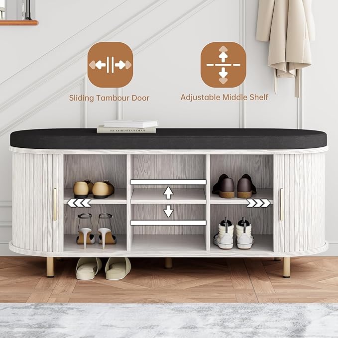 Entryway Bench with Storage: 43.31" Wooden Bedroom Shoe Bench with Thickened Padded Seat Cushion, Mid Century Modern Fluted Sliding Door and Adjustable Shelf, for Entryway, Living Room