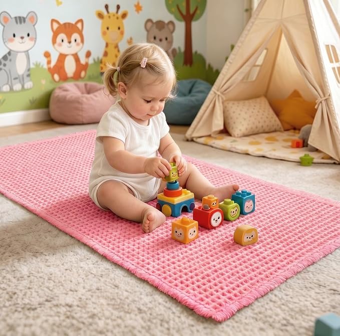ILANGO Upgraded Waffle Bath Mat,Super Absorbent Boho Non Slip Bathroom Rugs Quick Dry,Ultra Soft Machine Washable Mats with Tassels for Floor,24x36,Pink