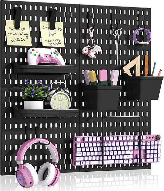AKTOP Peg Board Wall Organizer 4-Pack – 12"x12" Black Pegboard Combination Kit with 13 Accessories for Wall, Plastic Peg Board Panels for Home, Office, Garage Tool Storage & Craft Room