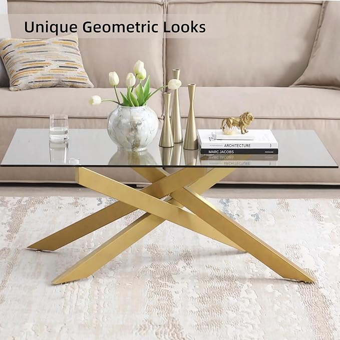Gold Coffee Table for Living Room, Modern Glass Coffee Table with 47" Tempered Glass Top and Metal Tubular Legs for Small Space, Apartment, Office