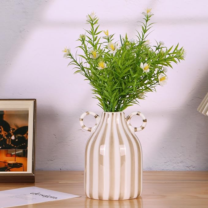 White and Brown Ceramic Vase with Handle, Nordic Boho Small Vases Side Table Flower Centerpiece, Wide Mouth Single Flower Vase Pampas Grass Decorative - for Home Window Sill Living Dining Room Kitchen