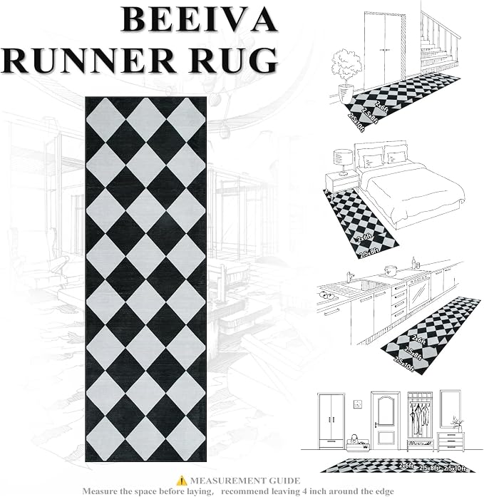 Beeiva Checkered Print Washable Rug Runners for Hallways Non Slip 2.5x10, Ultra Thin Black Kitchen Runner Stain Resistant Hallway Runner Rug 10 ft, Checkerboard Carpet for Bathroom Entryway Decor
