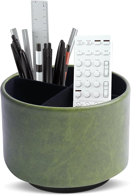 Round Leather Art Supply Organizer,Remote Control Holder,360 Degree Spinning,Multi-Functional Pencil Holder,4 Compartments Desktop Stationary Organizer(1-Oil Bamboo)