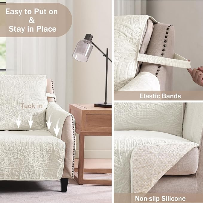 Soft Quilted Couch Cover with Pockets for Extra-Large Sofa, Anti-Slip Sofa Covers Washable for 3 Cushion Pet Friendly Medallion Oversized Sofa Cover Water-Repellent (X-Large Sofa 78", Ivory White)