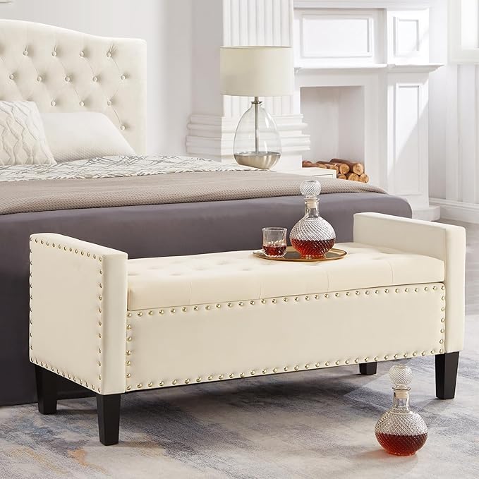48" Velvet Upholstered Storage Ottoman,Luxury Rectangle Entryway Tufted Button Long End of BedBench, Rolled Arm Bench Seat with Wood Legs, Living Room,Bedroom,Cream