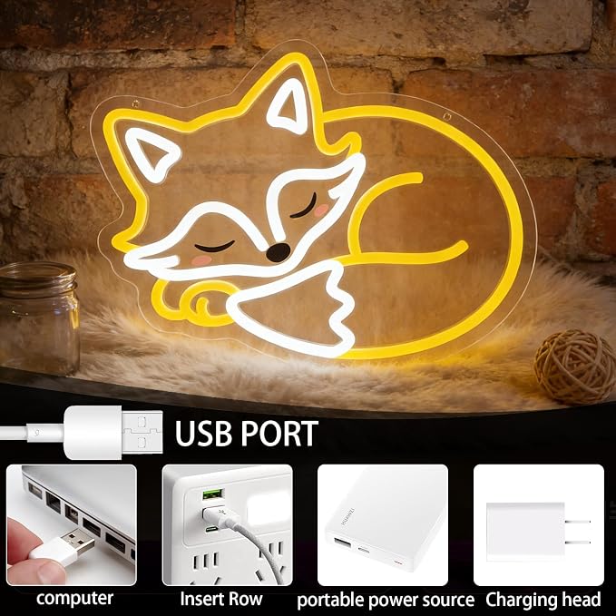 Fox Neon Sign for Wall Decor, Dimmable Animal LED Neon Light, Cute Sleeping Fox Neon for Bedroom, Living Room, Birthday Party Gifts for Kids Adults & Fox Lovers