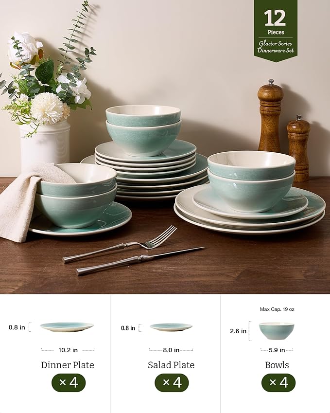 Famiware Glacier Stoneware Dinnerware Sets, 12-Piece Plates and Bowls Set for 4, Reactive Glaze Dishes, Everyday & Formal Use, Dishwasher/Microwave Safe, Chip/Scratch Resistant, Two-Color Glazed, Aqua