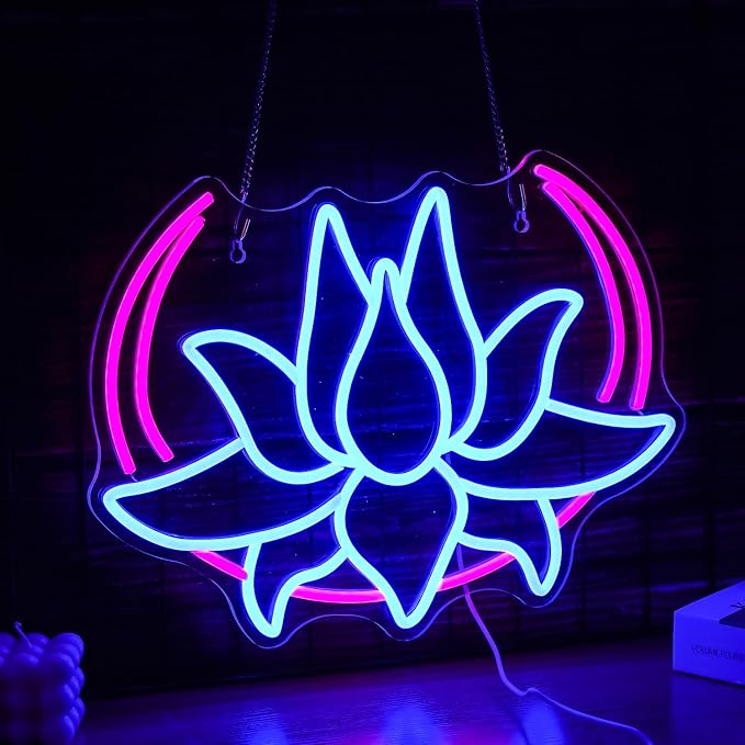 Moon Lotus Flower Neon Sign Led Blue Lotus light Up Sign for Bedroom USB Powered Moon Neon Light for Yoga Room Game Room Man Cave Wall Decor