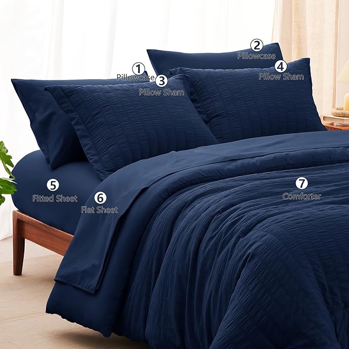 CozyLux Oversized King Comforter Set Navy Blue Seersucker 7 Pieces 120x98 Bed in a Bag Comforter Set with Sheets, Luxury Soft Bedding Sets with Down Alternative Comforter, Sheets, Pillowcases & Shams