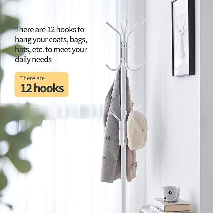 Coat Rack Freestanding for entryway,Living Room,Bedroom,Metal coat tree with12 Hooks and 3 Legs,hat stand (White)