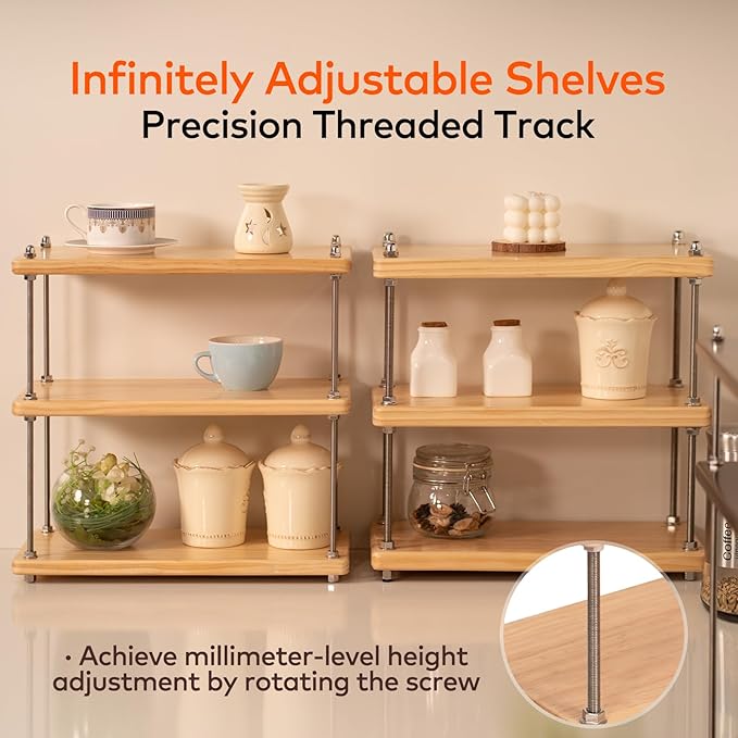 Ultra-Thick 24mm Solid Wood Coffee Station Organizer&Spice Rack for Kitchen Countertop, Corner Industrial 3-Tier Adjustable Shelf with 10mm 304 Thread Rods for Heavy Espresso Gear, Natural
