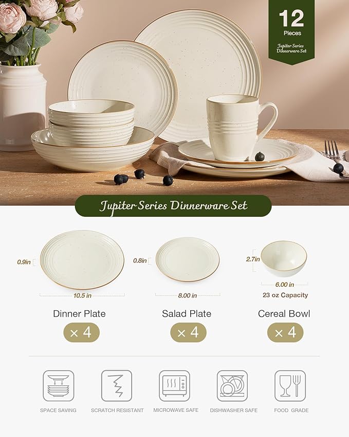 Famiware Jupiter 12-Piece Stoneware Dinnerware Set for 4, Handcrafted Plates and Bowls with Speckles & Embossed Swirls, Chip/Scratch Resistant, Microwave/Dishwasher Safe, Modern Dishes, Vanilla White