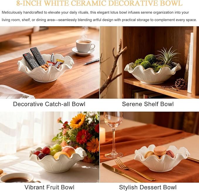 Handcrafted 8" White Ceramic Ruffle Bowl with Gold Trim – Modern Lotus Design, Small Shallow Decorative Bowl for Kitchen Counter & Key Holder for Entryway Table, Catch-All for Home Decor