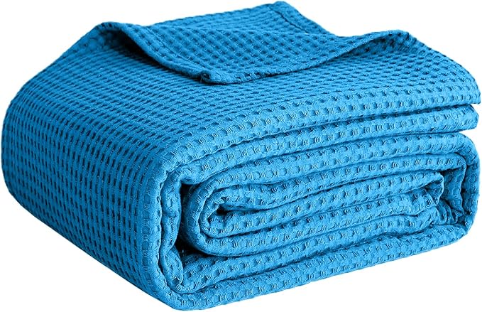 100% Cotton Blankets for Bed - Waffle Weave Blankets for Summer, Lightweight and Breathable Soft Woven Blanket for Spring (Aqua, Twin (60" x 90"))