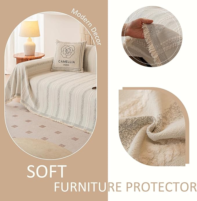 VClife Chenille Sofa Cover Bohemian Striped Pattern Couch Cover for 3 Cushion Sofa - Cream and Gray Textured Sofa Slipcover Washable Furniture Protector for Couch Decorative Couch Cushion Cover