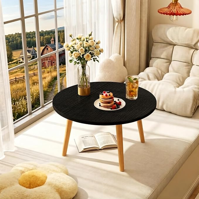 Round Coffee Table Low Table with 3 Solid Wood Sturdy Legs,Floor Table Desk for Sitting on The Floor,23.6"D x 23.6"W x 16"H Inches,Living Room/Toy room Furniture,Rental house Furniture (Black)