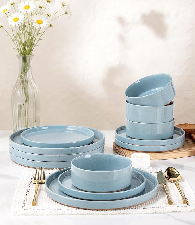 AmorArc Ceramic Dinnerware Set for 4 | Speckled Stoneware Plates and Bowls with unglazed terracotta | Scratch Resistant, Dishwasher & Microwave Safe Dishes Sets- 12-Pcs Blue