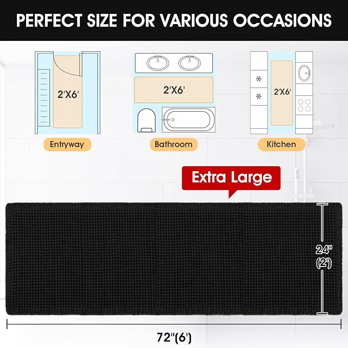 Accumtek Extra Large Waffle Bath Mat, 6'x2' Black, Super Absorbent Non-Slip Quick Dry Bathroom Rugs with Tassels, Machine Washable Ultra Soft Boho Bath Rugs for Floor, Toilet Mats Boho Farmhouse Decor