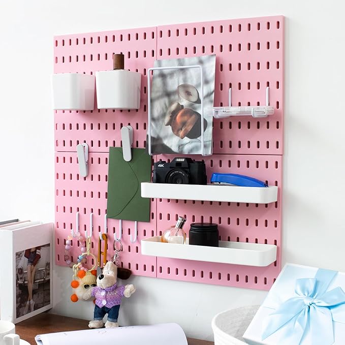 MULSAME Pegboard Combination Kit, Wall Mounted Storage Set with 4 Pegboards & 14 Accessories Hanging, Pink Peg Boards Organizer for Walls Display, Crafts Organization, Kitchen Organizer, 22" x 22"