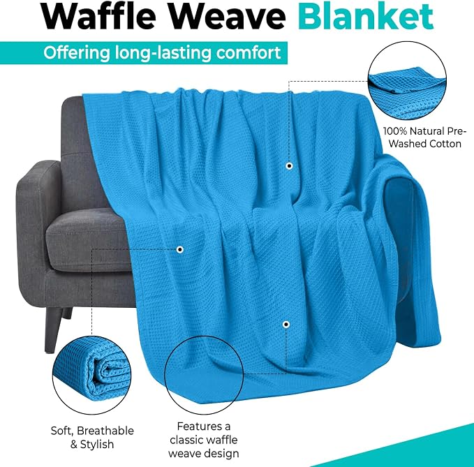 100% Cotton Blankets for Bed - Waffle Weave Blankets for Summer, Lightweight and Breathable Soft Woven Blanket for Spring (Aqua, Twin (60" x 90"))