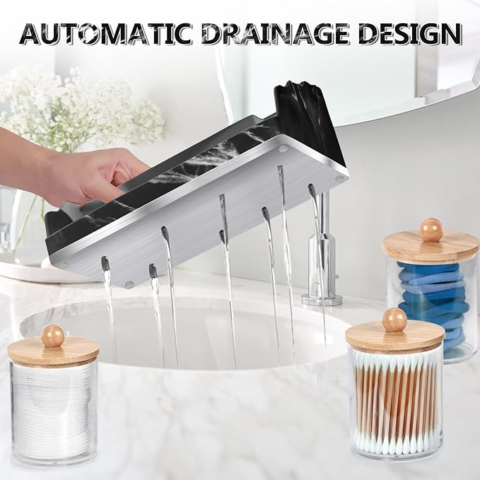 TuCao Marble Bathroom Countertop Organizer, Toothbrush Holders for Bathroom with 3PCS Qtip Holder Dispenser and Toothpaste Holder Drainage for Bathroom Accessories Organization Counter Vanity Storage