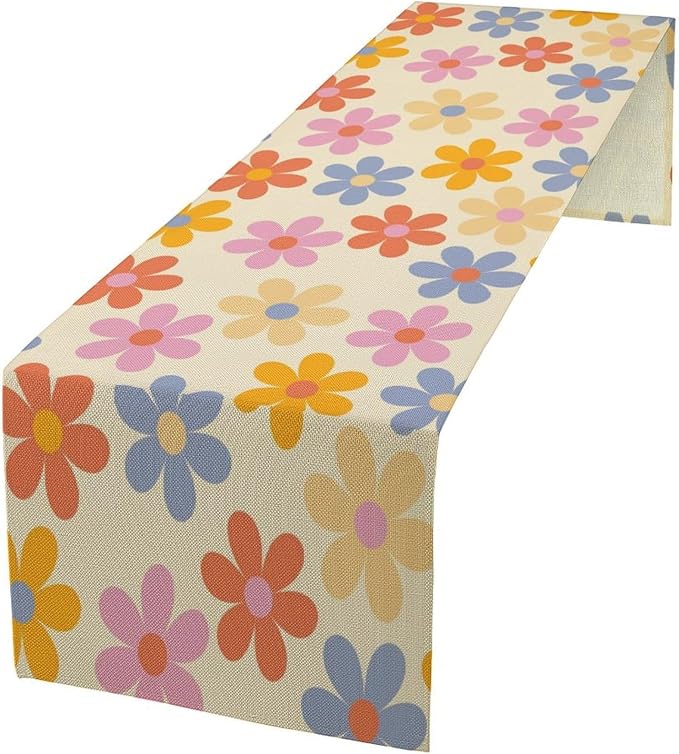 Retro Florals Table Runner Vintage Gardern Flower Hippie Groovy Seasonal Spring Farmhouse Country Dinner Runner for Home Kitchen Dining Table Party Holiday Decor 13"x120"