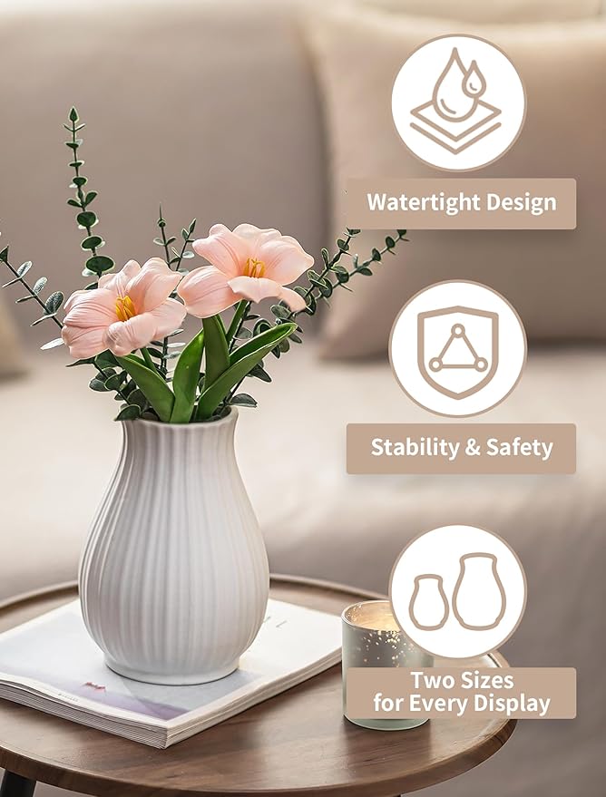 NUPTIO Ceramic Flower Vase for Bouquet: 6.3" Tall White Vases for Home Decor - Modern Decorative Table Centerpiece for Living Dining Room Kitchen Decor