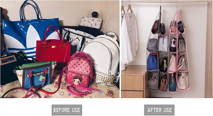 AARAINBOW 2 Packs Hanging Handbag Purse Organizer, Hanging Hand Bag Organizer Wardrobe Closet Purse Holder, 8 Pockets, 43.3L x 14.1W (B Gray Light Pink)
