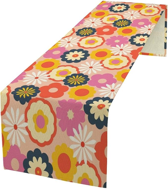 Retro 70s Groovy Florals Table Runner Vintage Hippie Seasonal Spring Summer Garden Flowers Farmhouse Country Dinner Runner for Home Kitchen Dining Table Party Holiday Decor 13"x90"