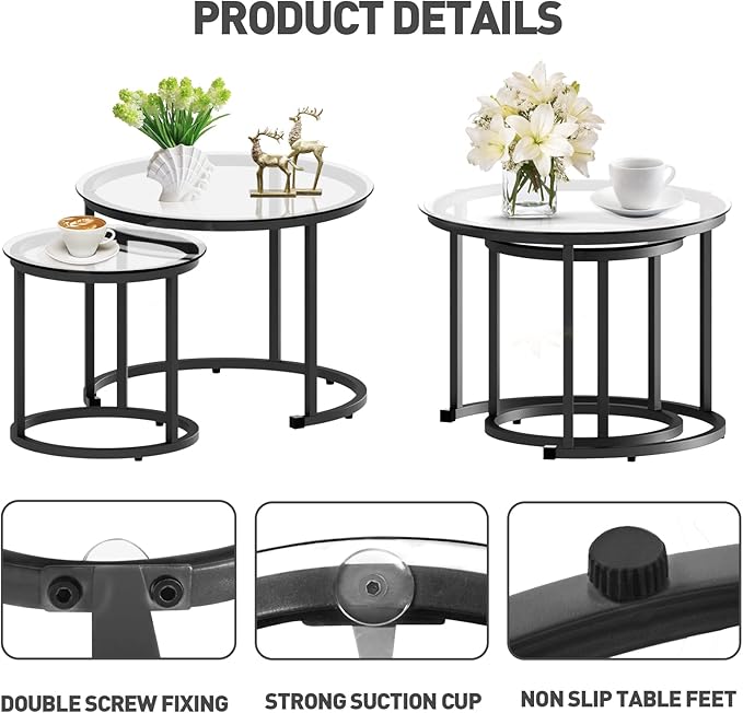 aboxoo Black Nesting Coffee Glass Table Set of 2, Metal Freme Side End Tables for Living Room Bedroom for Apartment Small Place Modern Industrial Simple, 23.6D x 23.6W x 17.7H in