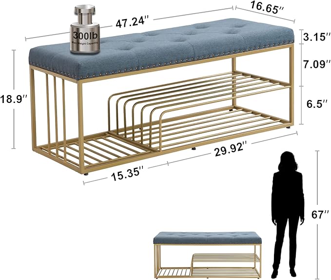 Upholstered Shoe Storage Bench-Nailhead Trim Linen Ottoman Bench with Shoes Rack for End of Bed Entryway Window Bedroom Living Mudroom Room,Blue