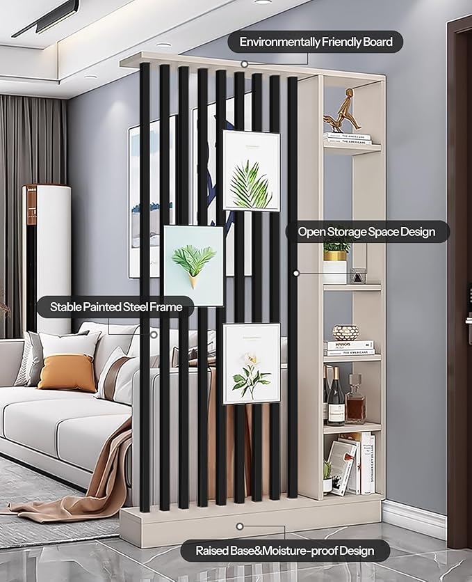 Wall Room Divider, Storage Cabinet Storage Display with Shelves, Modern Freestanding Wood Room Divider Screen, Wall Privacy Screens for Home Decorative (Beige+Black,47" L x 9.5" W x 79.5" H)