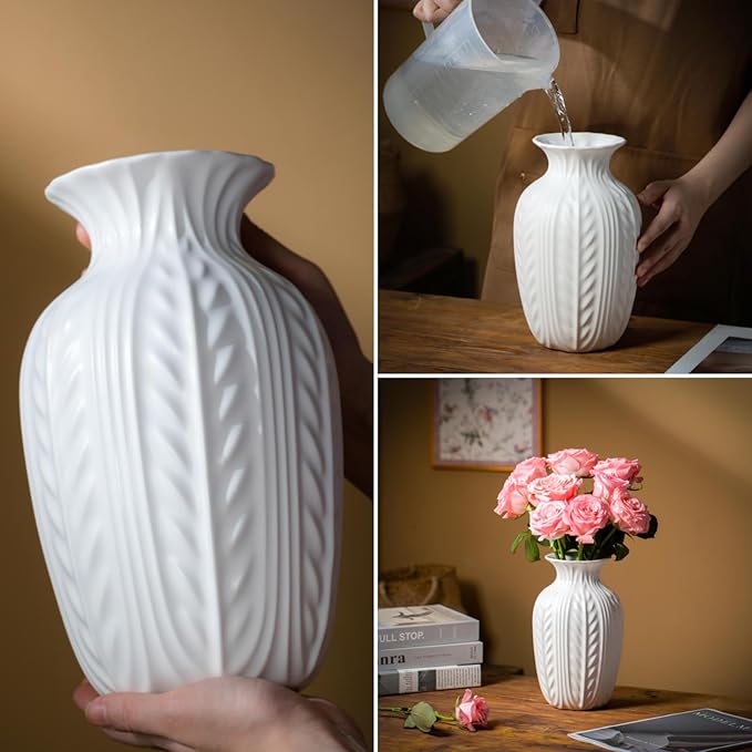 Lvases Matte White Ceramic Flower Vase, 10 Inch Unique Wheat Ear Textured Modern Large Vases for Trendy Home Decor Living Room Entryway Shelf Office Rustic Table Centerpiece (Matte White)