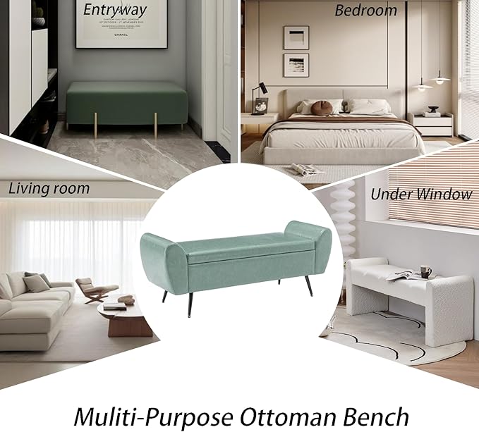 Storage Bench for Bedroom, 55" Extra Long Bench for King Size Bed, Modern Upholstered End of Bed Ottoman Bench with Arms for Entryway Living Room (Vegan Leather, Sage Green)
