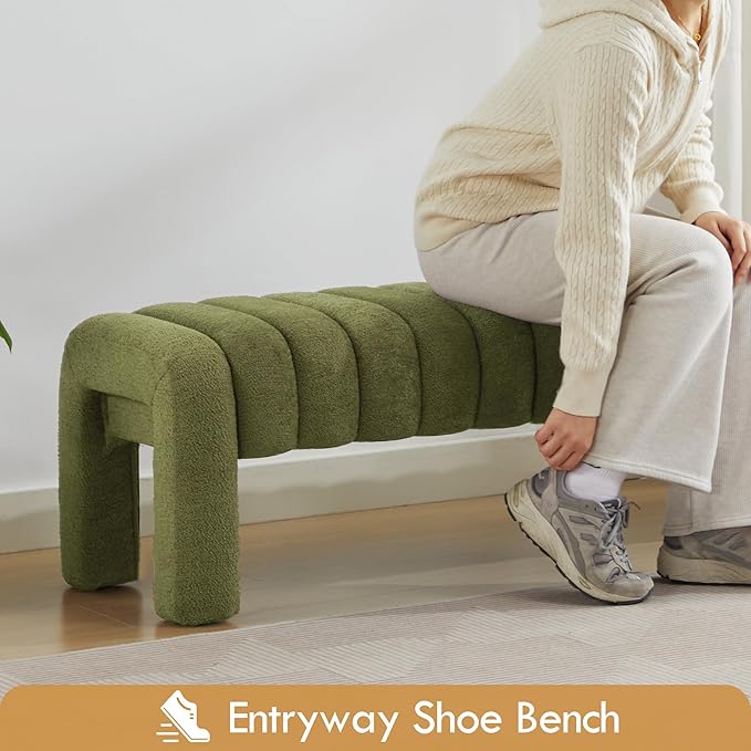 63" Boucle Bed Bench, Cute Upholstered Channel Tufted Bench for Entryway, Accent Window Seat for Living Room, Modern Minimalist Ottoman Foot Stool, Linen Green