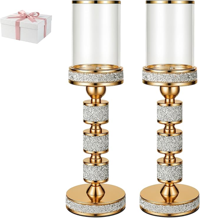 Hurricane Candle Holder, 15.9" Tall Metal Candle Stand, Glass Pillar Candle Holders, Crystal Gold Decorative Centerpieces for Table, Wedding and Dining Room (Fits Candles up to 3"x5", 2pcs, L)