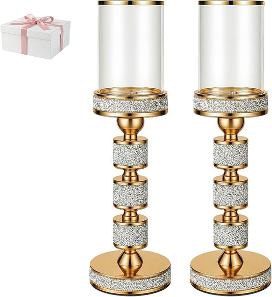 Hurricane Candle Holder, 15.9" Tall Metal Candle Stand, Glass Pillar Candle Holders, Crystal Gold Decorative Centerpieces for Table, Wedding and Dining Room (Fits Candles up to 3"x5", 2pcs, L)