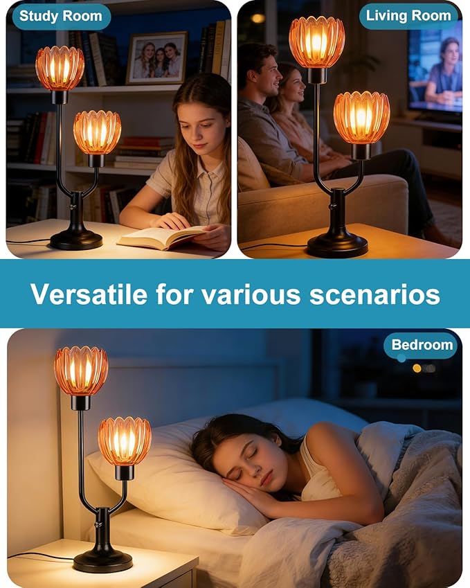 Lightdot Mid Century Modern Glass Red Table Lamp Dimmable Black Desk Lamps 2 Bulbs Included 3000K Warmwhite Bedside Nightstand Ambiance Lamp for Living Room Bedroom