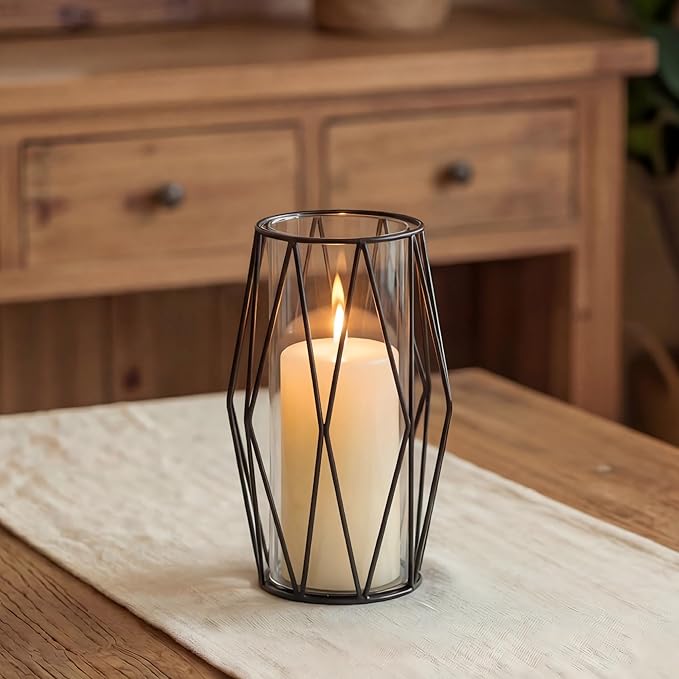 Nuptio Glass Candle Holder for Pillar Candles Black Pillar Candle Holders Geometric Metal Candle Stand Small Hurricane Candleholder Flower Vase for Office Dining Living Room Bar Cafe