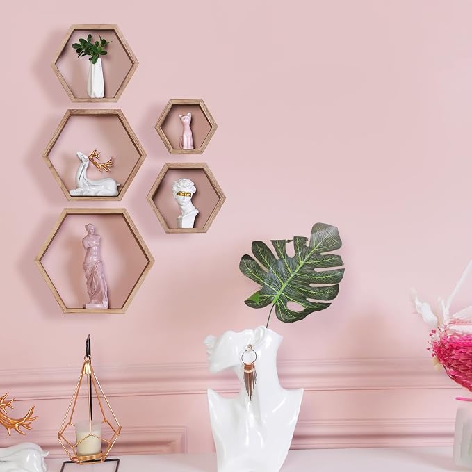 Hexagon Shelves for Wall,Hexagon Floating Shelf Set of 5,Honeycomb Shelves Octagon Hanging Cube Rustic Wood Wall Mounted for Living Room Bedroom Kitchen Bathroom Office Home Decor（Carbonized Brown）