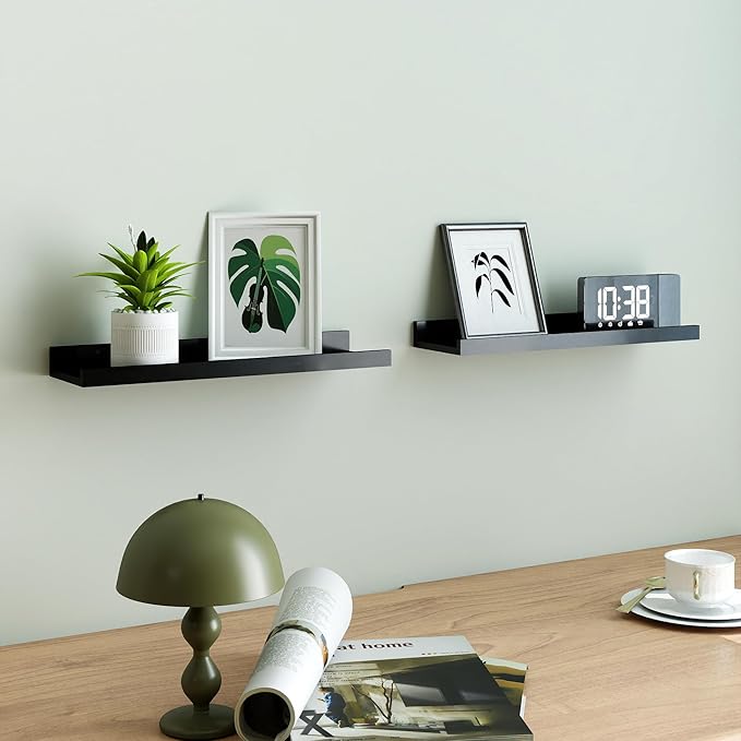 Black Floating Shelves for Wall Decor, Wall Mounted Wood Storage Shelf for Bedroom, Living Room, Bathroom, Kitchen, Nursery, Display Picture Ledge Shelf with Lip Set of 2-16 Inches, Black
