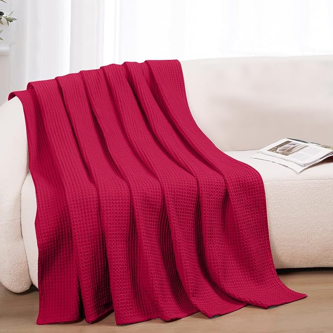 100% Cotton Blankets for Bed - Waffle Weave Blankets for Summer, Lightweight and Breathable Soft Woven Blanket for Spring (Burgandy, Twin (60" x 90"))