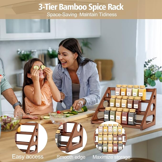 Spice Rack - Tiered Spice Rack Organization for Cabinet - 3 Tier Bamboo Display Spice Shelf for Countertop